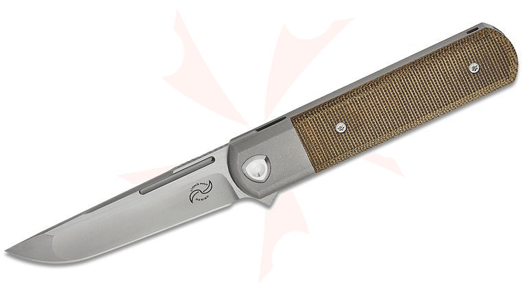 Liong Mah Designs T-1 Tanto One Bolster Lock Flipper Knife 3.75 inch M390 Frosted Satin Compound Tanto Blade, Bolstered Titanium Handles with Green Canvas Micarta Scales