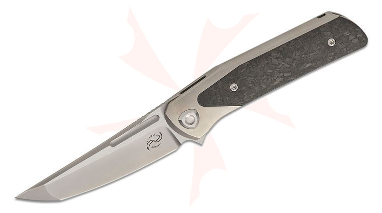 Liong Mah Designs Warrior 3 Flipper Knife 3.5 inch M390 Frosted Satin Hand Ground Tanto Blade, Wire Wheel Bolstered Titanium Handles with Marble Carbon Fiber Scales
