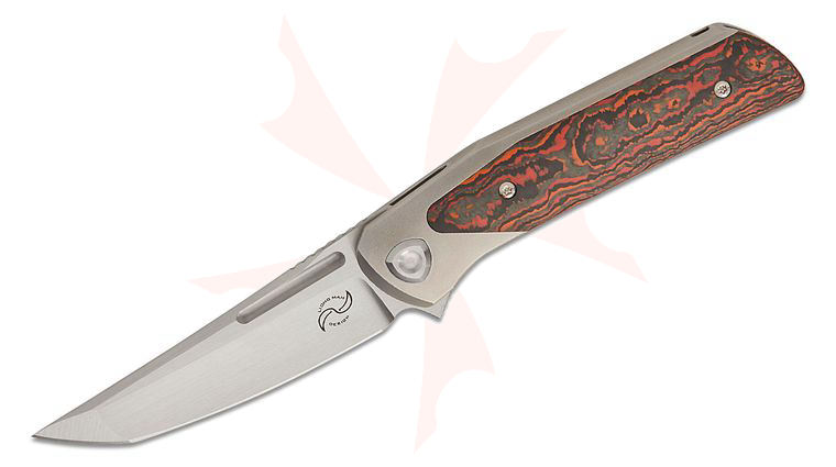 Liong Mah Designs Warrior 3 Flipper Knife 3.5 inch M390 Hand Rubbed Satin Hand Ground Tanto Blade, Wire Wheel Bolstered Titanium Handles with Mars Valley FatCarbon Scales