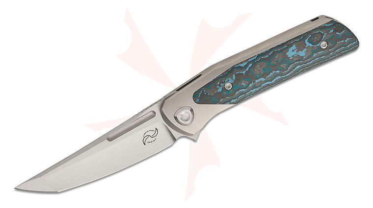 Liong Mah Designs Warrior 3 Flipper Knife 3.5 inch M390 Hand Rubbed Satin Hand Ground Tanto Blade, Wire Wheel Bolstered Titanium Handles with Arctic Storm FatCarbon Scales