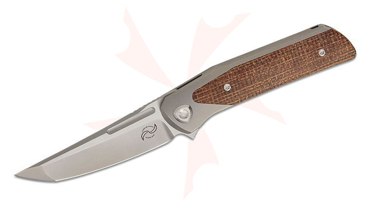Liong Mah Designs Warrior 3 Flipper Knife 3.5 inch M390 Frosted Satin Hand Ground Tanto Blade, Stonewashed Bolstered Titanium Handles with Burlap Micarta Scales