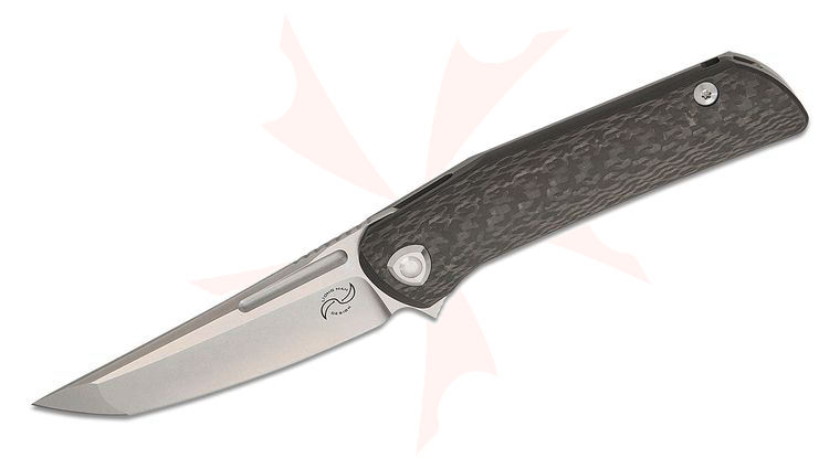 Liong Mah Designs Warrior 3 Flipper Knife 3.5 inch M390 Stonewashed Hand Ground Tanto Blade, Half Carbon Fiber and Half Titanium Handles 