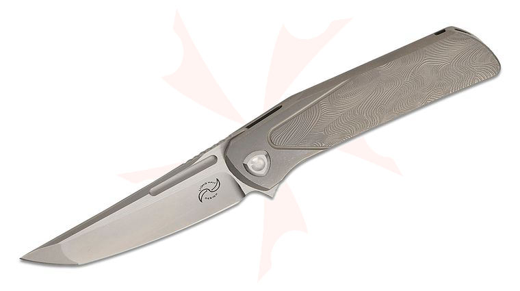 Liong Mah Designs Warrior 3 Flipper Knife 3.5 inch M390 Frosted Satin Hand Ground Tanto Blade, Sculpted Titanium Handles 