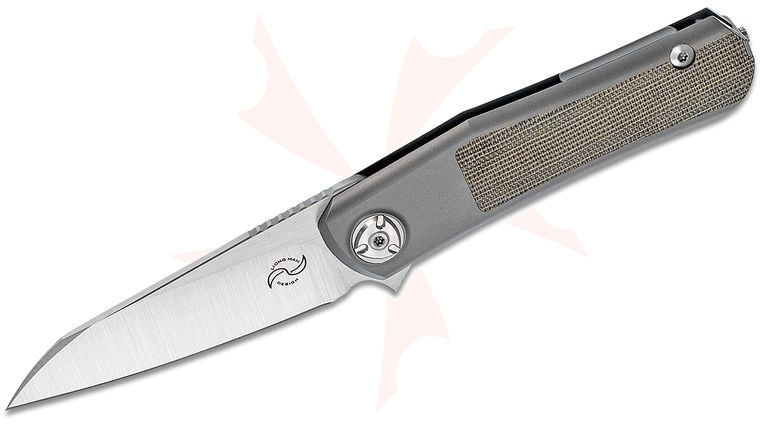 Liong Mah Designs Hawk Flipper Knife 3.25 inch M390 Satin Blade, Titanium Handles with Green Micarta Inlays