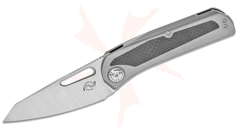 Liong Mah Designs KUF V2 Kitchen Utility Front Flipper Knife 3.375 inch M390 Satin Blade, Contoured Titanium Handles with Carbon Fiber Inlays