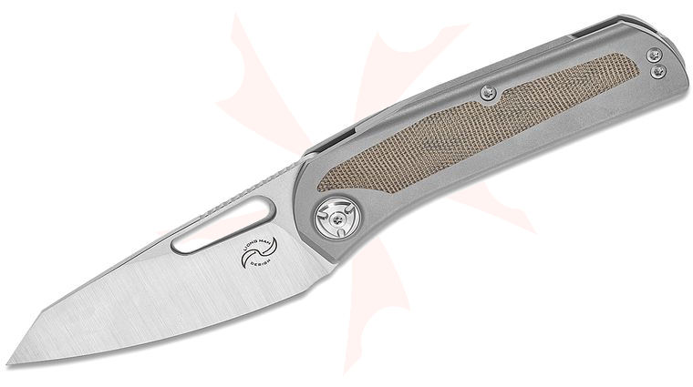 Liong Mah Designs KUF V2 Kitchen Utility Front Flipper Knife 3.375 inch M390 Satin Blade, Contoured Titanium Handles with Green Canvas Micarta Inlays