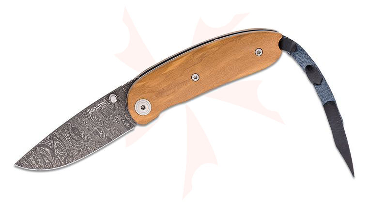 LionSteel 8210D ST Mini Folding Knife 2.36 inch Stainless Damascus Blade, Olive Wood Handles