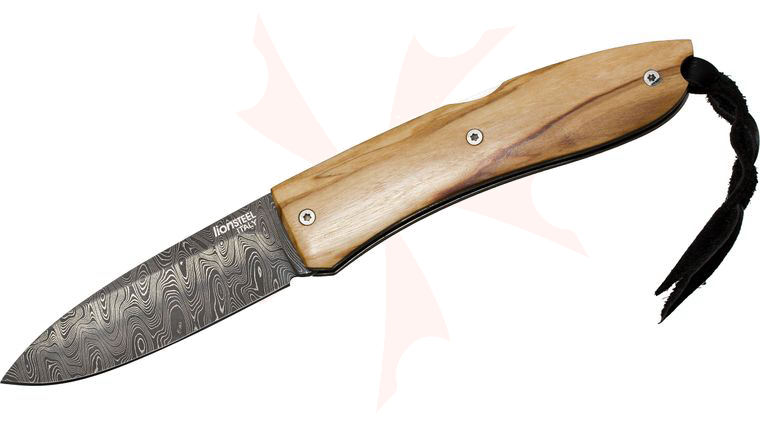 LionSteel 8800 DUL Opera Folding 2.91 inch Damascus Steel Blade, Olive Wood Handles