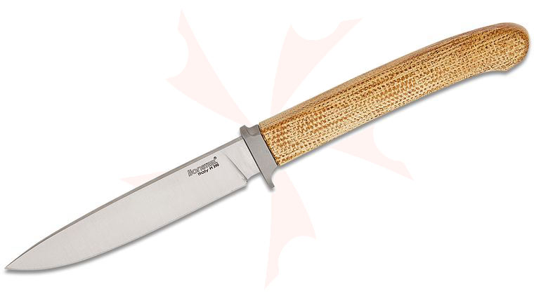 LionSteel AG01 CVN Ago Fixed Blade Knife 3.31 inch M390 Satin Drop Point Blade, Natural Canvas Micarta Handles with Titanium Bolster, Leather Sheath