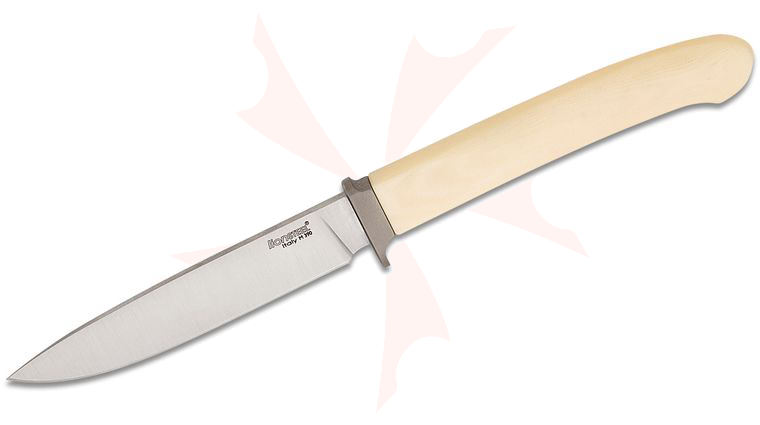 LionSteel AG01 MW Ago Fixed Blade Knife 3.31 inch M390 Satin Drop Point Blade, White Canvas Micarta Handles with Titanium Bolster, Leather Sheath