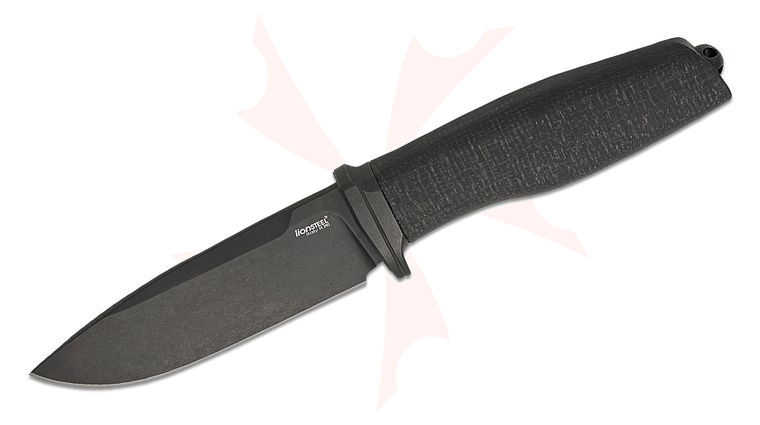 LionSteel AH B BLB Acha Fixed Blade Knife 4.5 inch M390 Satin Drop Point Blade, Single Piece Black Burlap Micarta Handle with Titanium Bolster, Leather Sheath