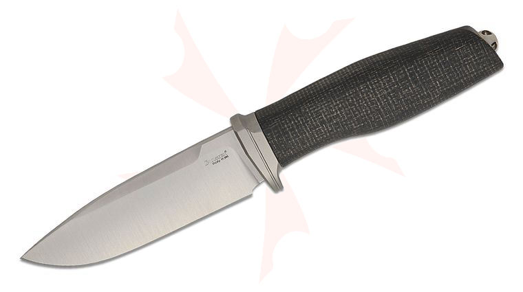 LionSteel AH BLB Acha Fixed Blade Knife 4.5 inch M390 Satin Drop Point Blade, Single Piece Black Burlap Micarta Handle with Titanium Bolster, Leather Sheath