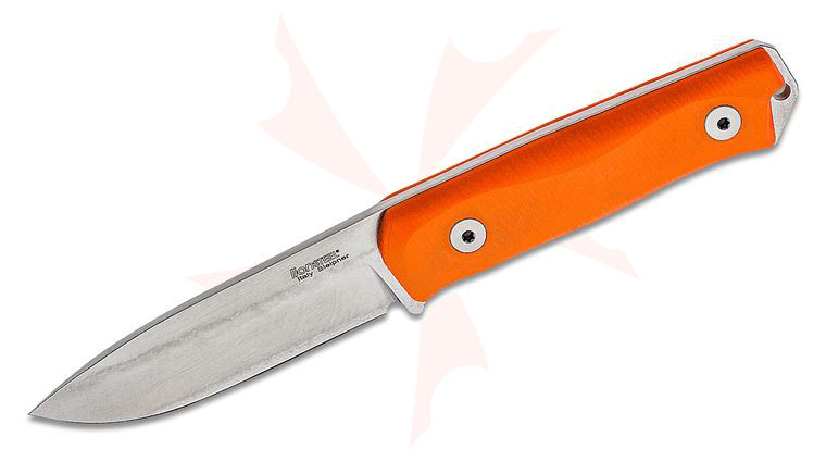 LionSteel B41 Bushcraft Fixed Blade Knife 4.25 inch Sleipner Spear Point Blade, Orange G10 Handles, Leather Sheath