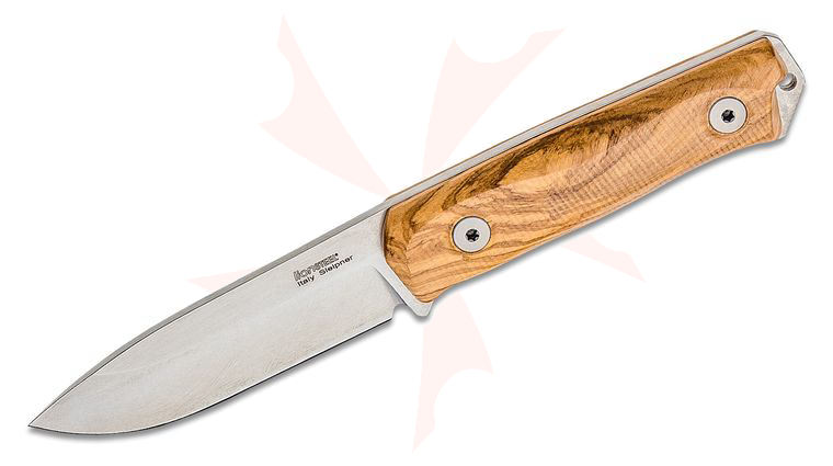 LionSteel B41 Bushcraft Fixed Blade Knife 4.25 inch Sleipner Spear Point Blade, Olive Wood Handles, Leather Sheath