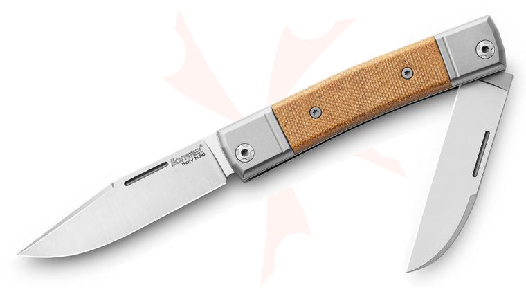 LionSteel bestMAN BM13 Traditional Folding Knife M390 Clip Point and Wharncliffe Blades, Natural Canvas Micarta Handles with Titanium Bolsters