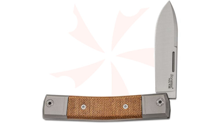 LionSteel bestMAN BM2 Traditional Folding Knife 2.8 inch M390 Drop Point Blade, Natural Canvas Micarta Handles with Titanium Bolsters
