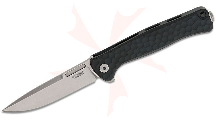 LionSteel EM01A BS Emmet Flipper Knife 2.83 inch CPM-MagnaCut Stonewashed Drop Point Blade, SOLID Black Integral Aluminum Handles