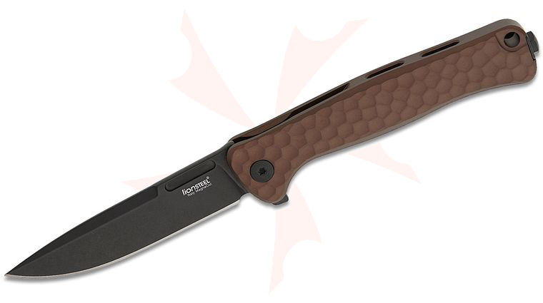 LionSteel EM01A EB Emmet Flipper Knife 2.83 inch CPM-MagnaCut Black PVD Drop Point Blade, SOLID Earth Brown Integral Aluminum Handles