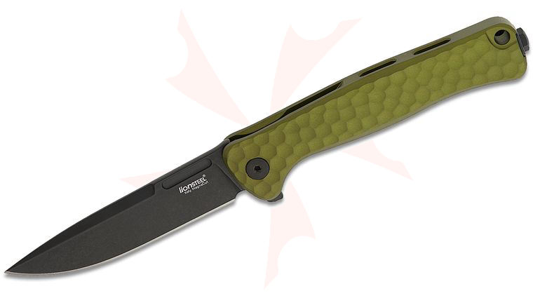 LionSteel EM01A GB Emmet Flipper Knife 2.83 inch CPM-MagnaCut Black PVD Drop Point Blade, SOLID Green Integral Aluminum Handles
