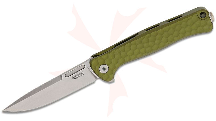 LionSteel EM01A GS Emmet Flipper Knife 2.83 inch CPM-MagnaCut Stonewashed Drop Point Blade, SOLID Green Integral Aluminum Handles