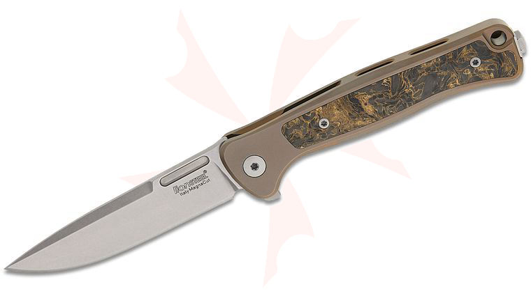 LionSteel EM01 BR Emmet Flipper Knife 2.83 inch CPM-MagnaCut Stonewashed Drop Point Blade, SOLID Bronze Integral Titanium Handles with Gold Carbon Fiber Inlays