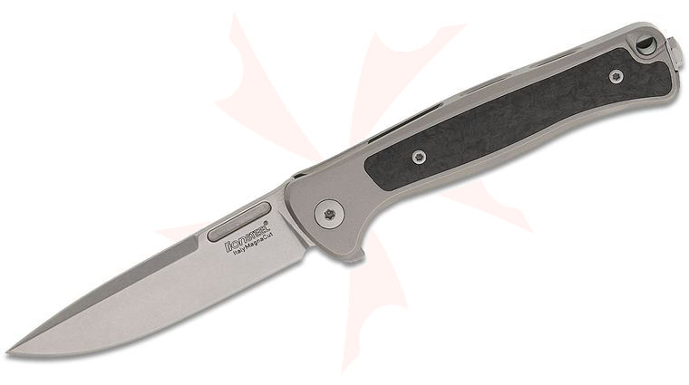 LionSteel EM01 GY Emmet Flipper Knife 2.83 inch CPM-MagnaCut Stonewashed Drop Point Blade, SOLID Integral Titanium Handles with Carbon Fiber Inlays