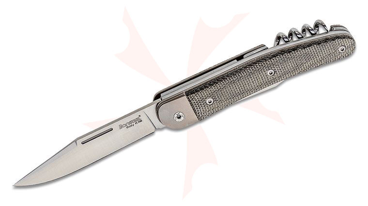 LionSteel Jack JK3 Traditional Folding Knife 3.03 inch M390 Clip Point Blade, Bottler Opener and Corkscrew, Green Canvas Micarta Handles with Titanium Bolsters