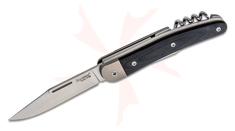 LionSteel Jack JK3 Traditional Folding Knife 3.03 inch M390 Clip Point Blade, Bottler Opener and Corkscrew, Black G10 Handles with Titanium Bolsters