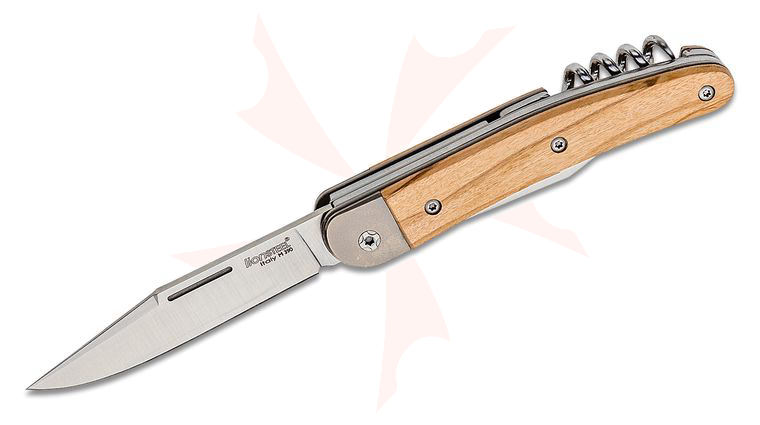 LionSteel Jack JK3 Traditional Folding Knife 3.03 inch M390 Clip Point Blade, Bottler Opener and Corkscrew, Olive Wood Handles with Titanium Bolsters
