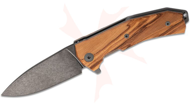 LionSteel KUR Flipper Knife 3.43 inch Sleipner Black PVD Stonewashed Blade, Olive Wood Handles