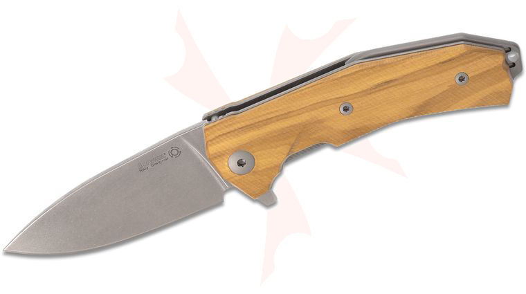 LionSteel KUR Flipper Knife 3.43 inch Sleipner Stonewashed Blade, Olive Wood Handles