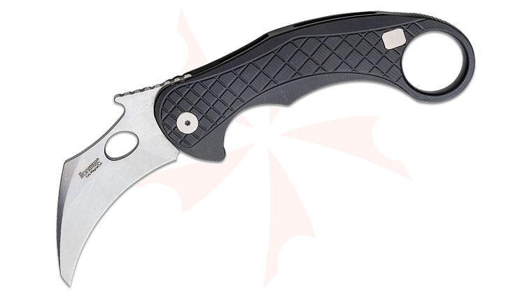 LionSteel/Emerson Knives L.E.One Karambit Flipper Knife 3.23 inch CPM-MagnaCut Stonewashed Hawkbill Blade, Black Aluminum Handles