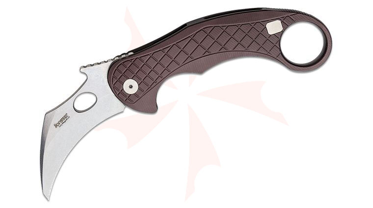 LionSteel/Emerson Knives L.E.One Karambit Flipper Knife 3.23 inch CPM-MagnaCut Stonewashed Hawkbill Blade, Brown Aluminum Handles
