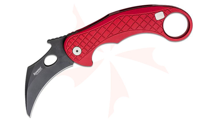 LionSteel/Emerson Knives L.E.One Karambit Flipper Knife 3.23 inch CPM-MagnaCut Chemical Black Hawkbill Blade, Red Aluminum Handles