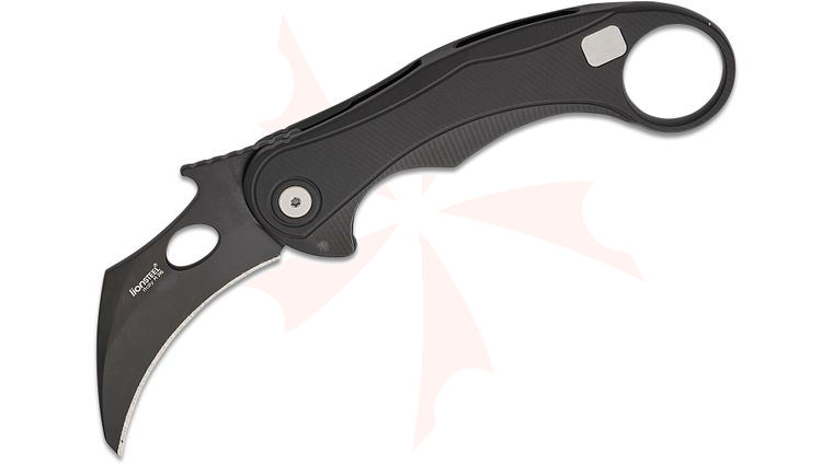 LionSteel/Emerson Knives L.E.One Mid Karambit Frame Lock Flipper Knife 2.63 inch M390 Black PVD Hawkbill Blade, Black Aluminum Handles