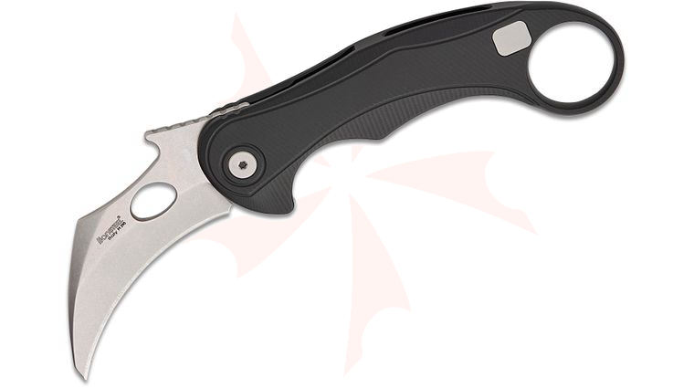 LionSteel/Emerson Knives L.E.One Mid Karambit Frame Lock Flipper Knife 2.63 inch M390 Stonewashed Hawkbill Blade, Black Aluminum Handles