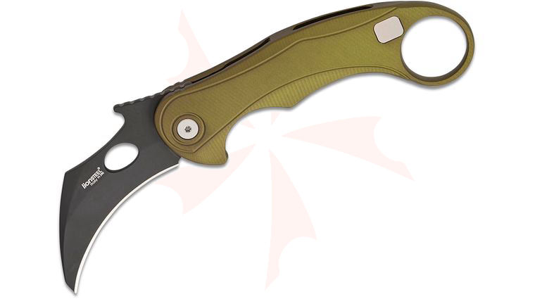 LionSteel/Emerson Knives L.E.One Mid Karambit Frame Lock Flipper Knife 2.63 inch M390 Black PVD Hawkbill Blade, Green Aluminum Handles