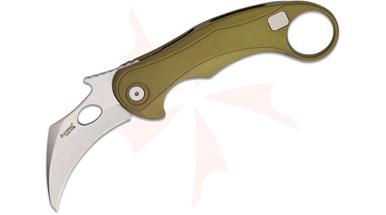 LionSteel/Emerson Knives L.E.One Mid Karambit Frame Lock Flipper Knife 2.63 inch M390 Stonewashed Hawkbill Blade, Green Aluminum Handles