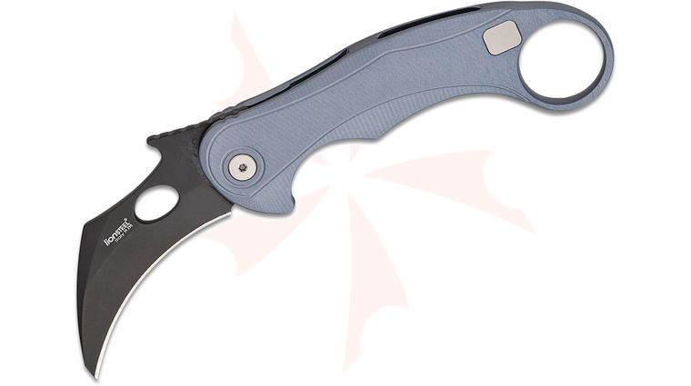 LionSteel/Emerson Knives L.E.One Mid Karambit Frame Lock Flipper Knife 2.63 inch M390 Black PVD Hawkbill Blade, Ice Blue Aluminum Handles