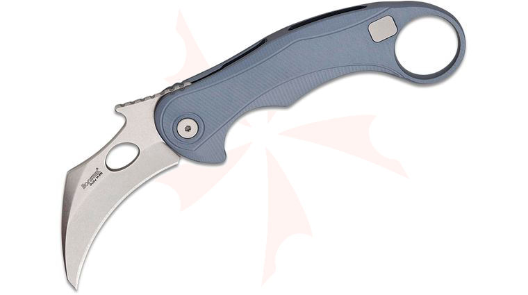 LionSteel/Emerson Knives L.E.One Mid Karambit Frame Lock Flipper Knife 2.63 inch M390 Stonewashed Hawkbill Blade, Ice Blue Aluminum Handles