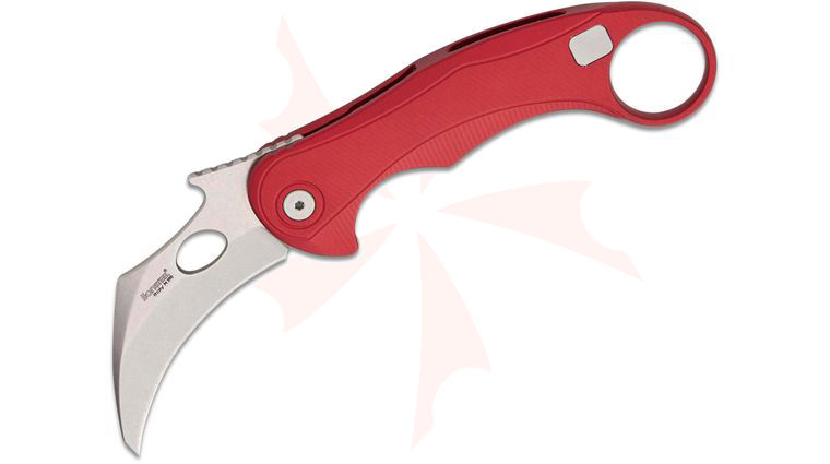 LionSteel/Emerson Knives L.E.One Mid Karambit Frame Lock Flipper Knife 2.63 inch M390 Stonewashed Hawkbill Blade, Red Aluminum Handles
