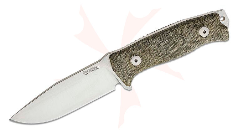 LionSteel M5 Hunter Fixed 4.53 inch Satin Sleipner Plain Blade, Green Canvas Micarta Handles, Brown Leather Sheath