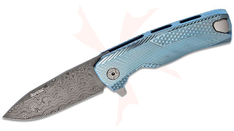LionSteel ROK DD BL Integral Flipper Knife 3.39 inch Nichols Scrambled Damascus Blade, Blue Titanium Handles, H.WAYL Pocket Clip System