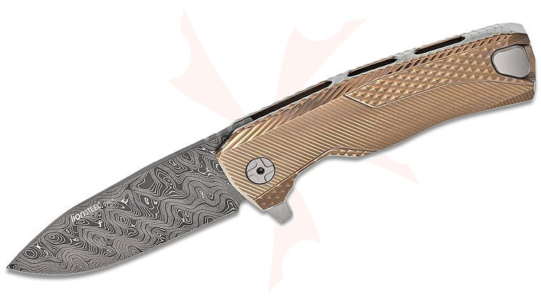 LionSteel ROK DD GL Integral Flipper Knife 3.39 inch Nichols Scrambled Damascus Blade, Gold Titanium Handles, H.WAYL Pocket Clip System