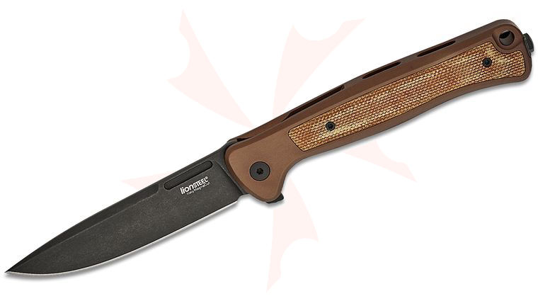 LionSteel SK01A EB Skinny Integral Flipper 3.31 inch CPM-Magnacut Old Black Drop Point Blade, Earth Brown Aluminum Handles with Natural Canvas Micarta Inlay