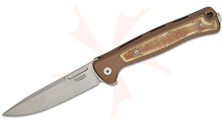 LionSteel SK01A ES Skinny Integral Flipper 3.31 inch CPM-Magnacut Stonewashed Drop Point Blade, Earth Brown Aluminum Handles with Natural Canvas Micarta Inlay