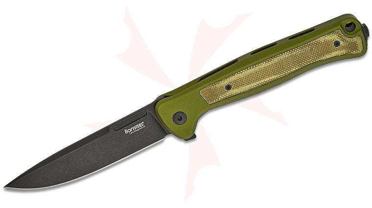 LionSteel SK01A GB Skinny Integral Flipper 3.31 inch CPM-Magnacut Old Black Drop Point Blade, Green Aluminum Handles with Green Canvas Micarta Inlay