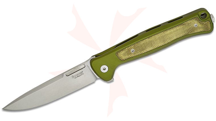 LionSteel SK01A GS Skinny Integral Flipper 3.31 inch CPM-Magnacut Stonewashed Drop Point Blade, Green Aluminum Handles with Green Canvas Micarta Inlay