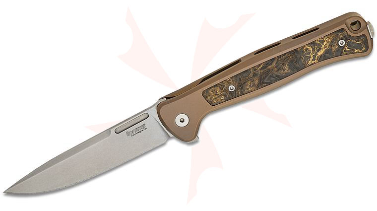 LionSteel SK01 BR Skinny Integral Flipper 3.31 inch CPM-Magnacut Drop Point Blade, Bronze Titanium Handles with Gold Dark Matter FatCarbon Inlay