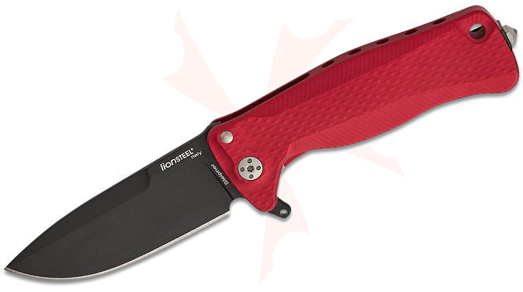 LionSteel SR-22A RB Integral Flipper Knife 3.15 inch Black Sleipner Drop Point Blade, Red Aluminum Handle